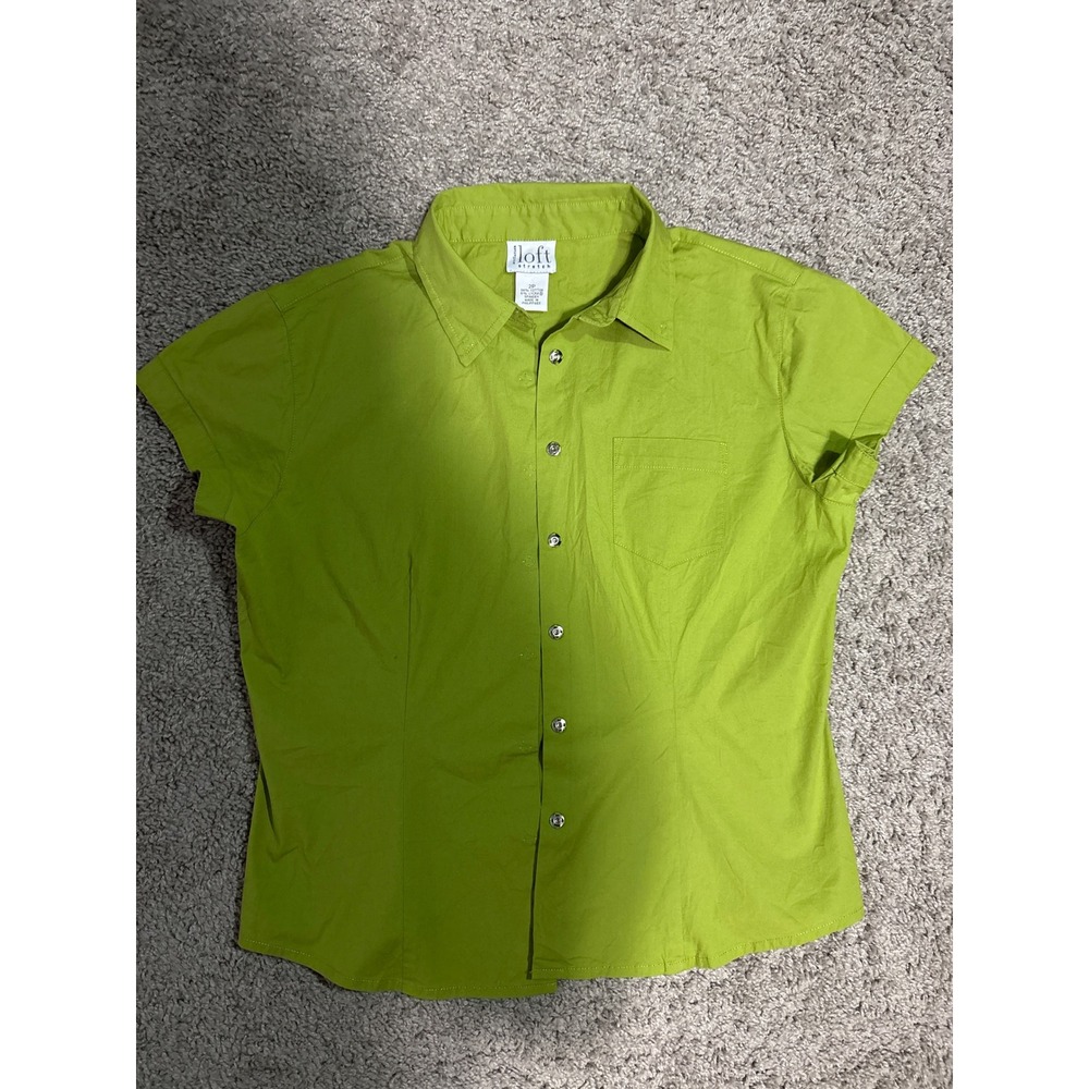 Y2K Ann Taylor Loft Stretch Shirt Womens 2P Lime Green Short Sleeve Button Down